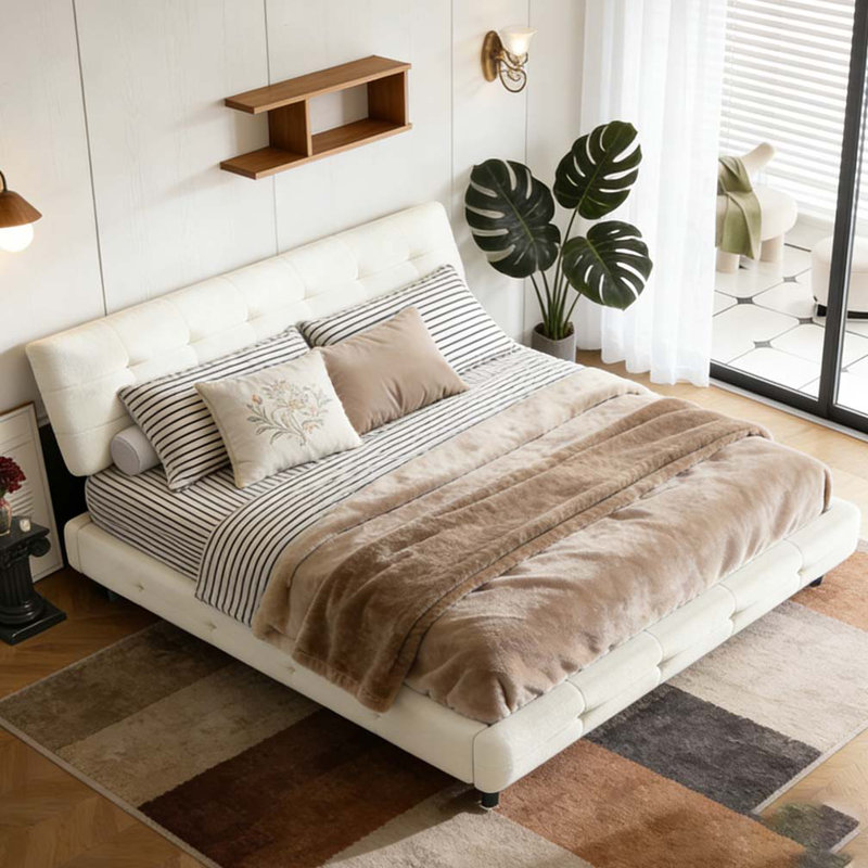 Structure de lit, tête de lit capitonnée avec coussin extra-large, Beige et blanc, Très grand lit
