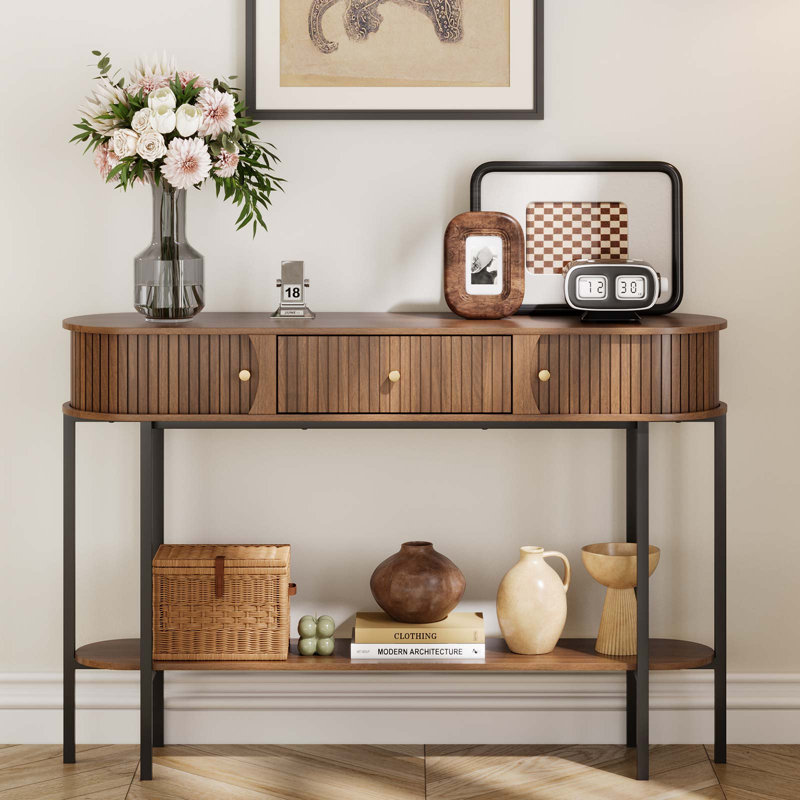 Console moderne en noyer avec tiroirs et structure en métal - Canapé d'entrée avec tablette de rangement ouverte pour le couloir et le salon