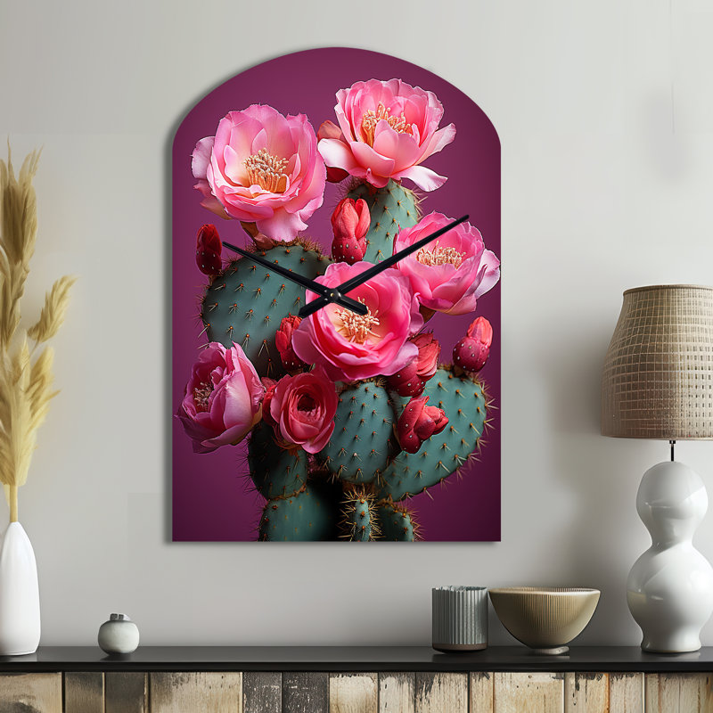 Rose cactus rose vert désert Prickly I - Cactus horloge asymétrique en métal, horloge murale traditionnelle, Moyenne