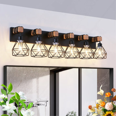 38" Modern Geometric 6-Light Vanity Light Fixture with Black Metal, Wooden Accents and Cage Lampshade for Bathroom, Bedroom, or Living Room (Bulb Not Included)