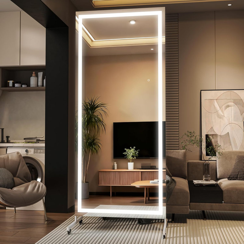 Home Gym LED Mirror 360° Swivel on Wheels with Lights,Extra Large Full Body Rolling Mirror, Tempered Glass Easy to Move Full Length Mirror for Yoga Studio, Bedroom, Dancing Studio 3-Year Warranty