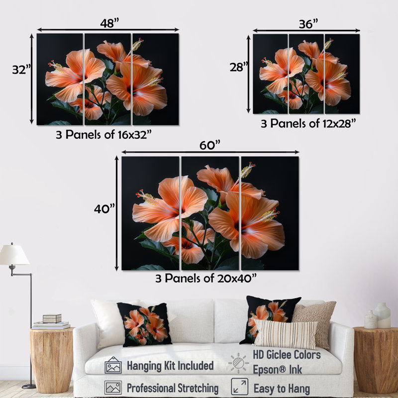 Hibiscus rose et noir, H 28 po x l 36 po x P 1 po, Toile tendue