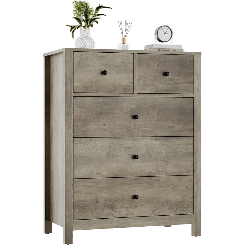 Grey Tall 5-Drawer Dresser with Deep Drawers, Modern Wood Chest for Kids Bedroom, Ivory