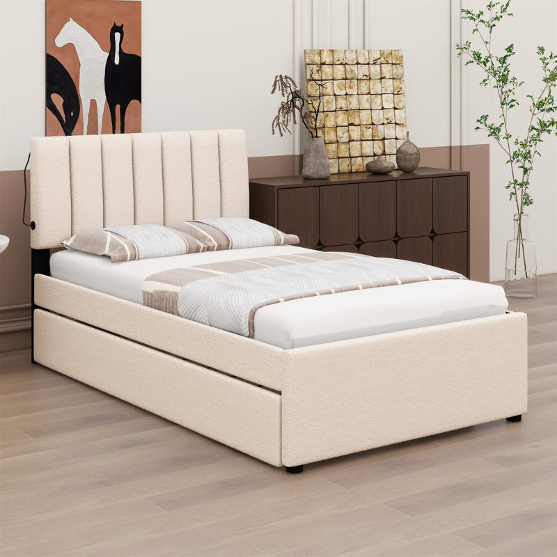 Upholstered Platform Bed With Trundle, Beige