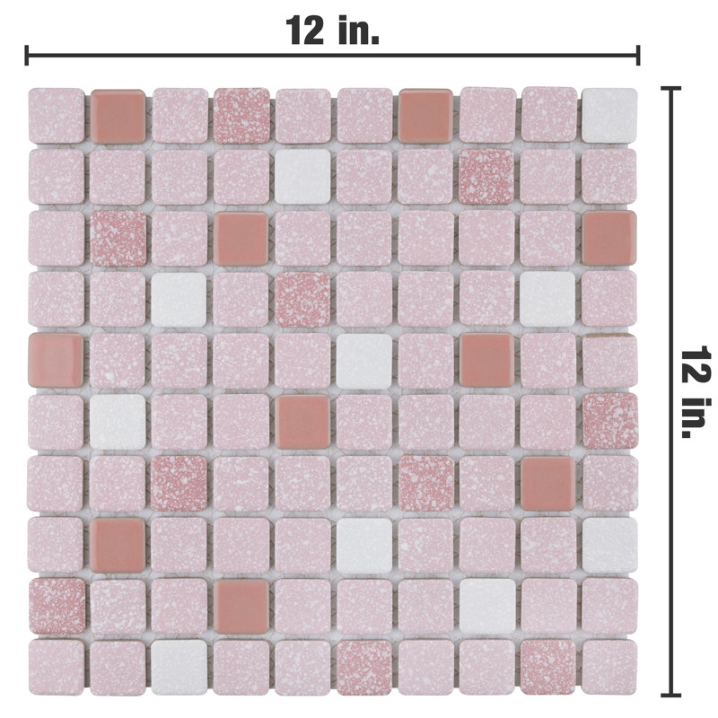 Crystalline Square 1.1" x 1.1" Porcelain Grid Mosaic Wall & Floor Tile, Pink/White