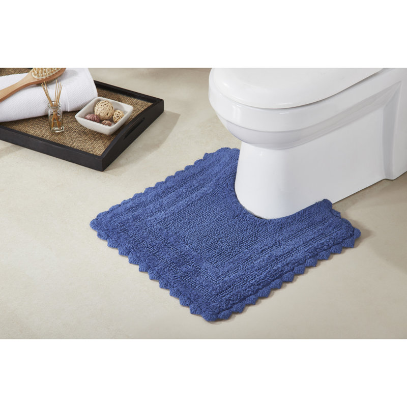 Rasika 100% Cotton Tufted U-Shaped Toilet Rug, Machine Washable & Reversible Super Absorbent Crochet Contour Bath Mat, Blue
