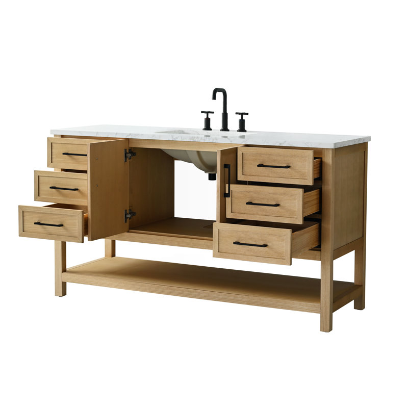 Meuble-lavabo simple 60 po avec plateau en pierre reconstituée Stratford, Chêne clair / noir mat