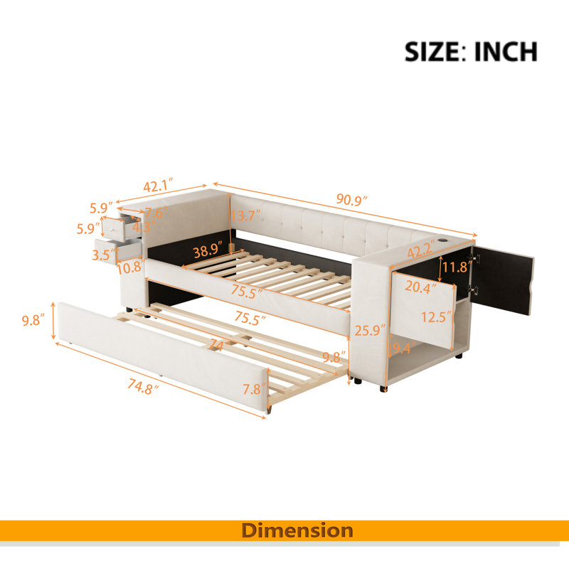 Lit simple tapissier avec rangement et lit gigogne simple, Beige