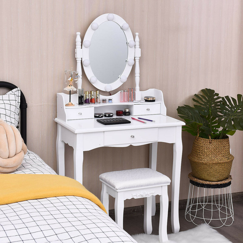 Ensemble de meuble-lavabo en bois massif avec tabouret et miroir Webrook, Blanc