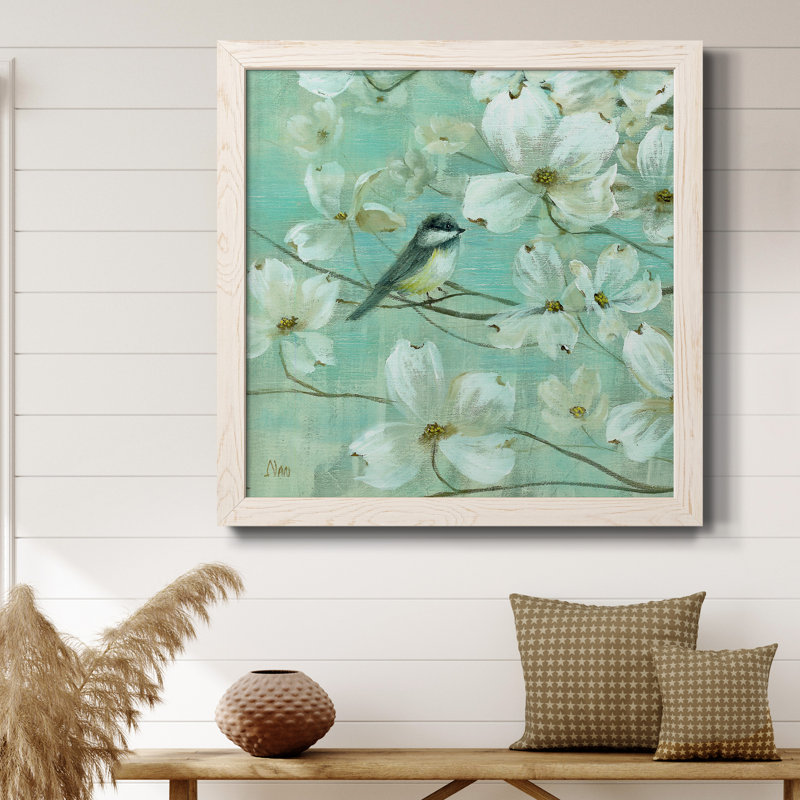 Mésanges et cornouiller - Détail I - Peinture sur toile encadrée, H 34,5 po x l 34,5 po x P 1 po, Cadre blanc