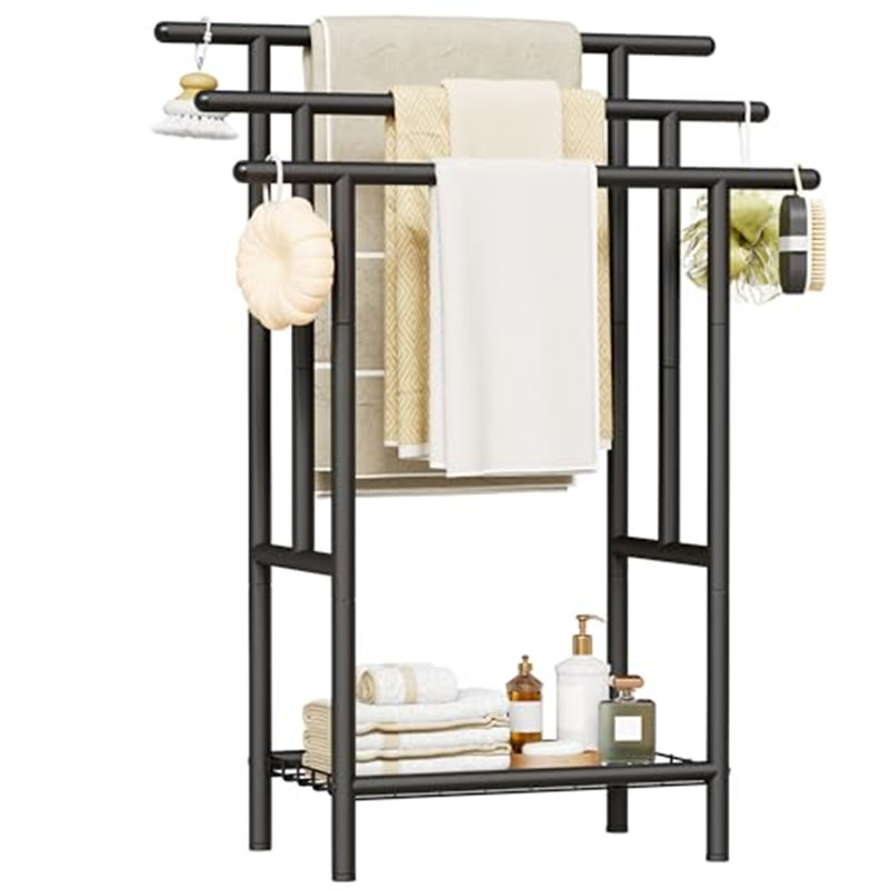 Porte-serviettes autoportant pour salle de bain, séchoir à serviettes sur 3 niveaux avec tablette de rangement | Organisateur de salle de bain robuste, porte-serviettes sur pied