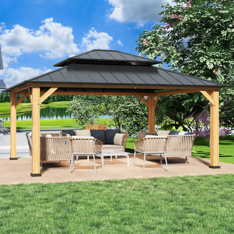 15x13 Wood Hardtop Gazebo, Patio Double Roof Galvanized Steel Hardtop Gazebo for Patio, Deck, Backyard, Lawn, and Garden