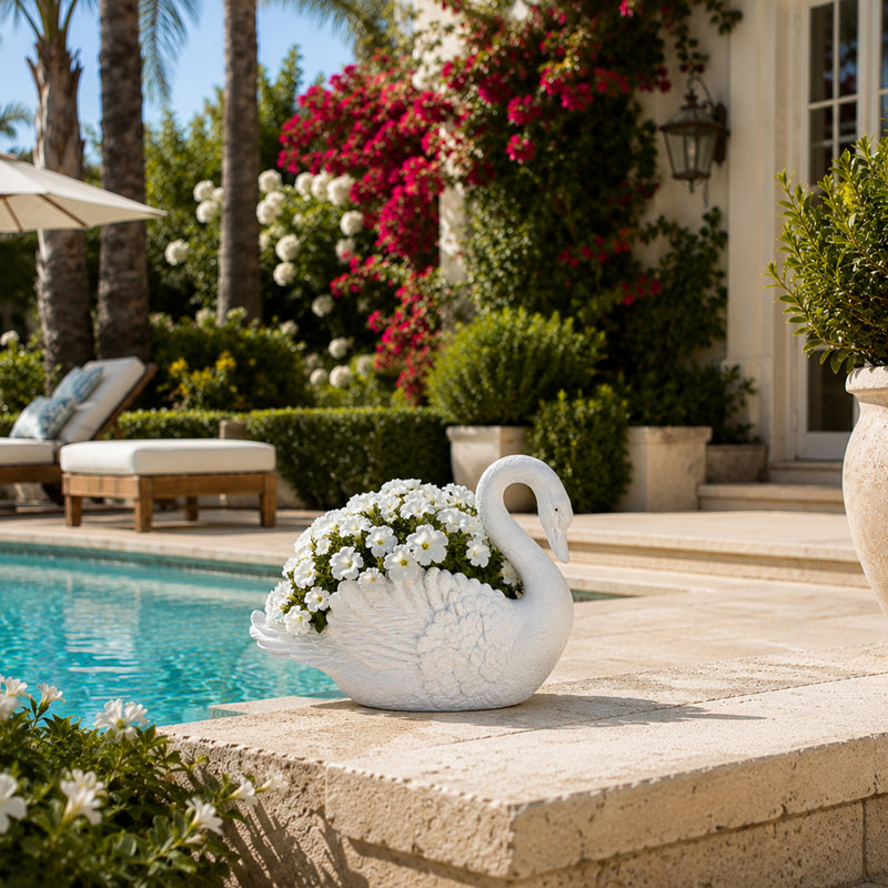Mamigon Swan Polystone Statue Planter, White