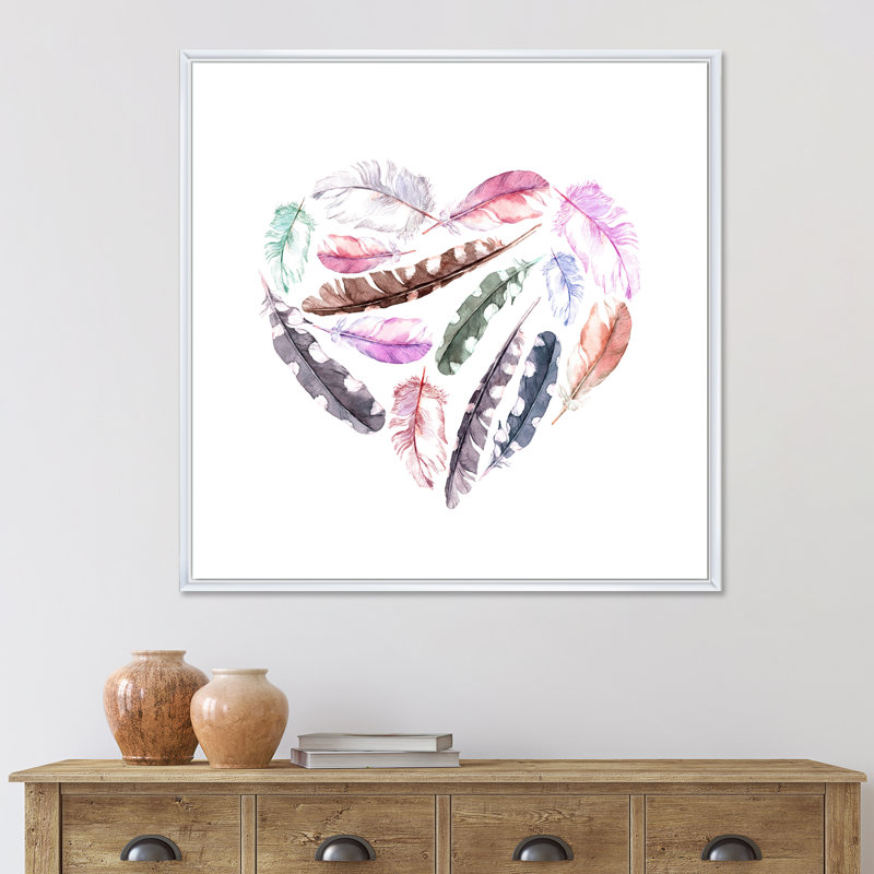 «Retro Heart with Pink Bird Feathers», impression sur toile, H 30 po x l 30 po x P 1 po, Cadre blanc