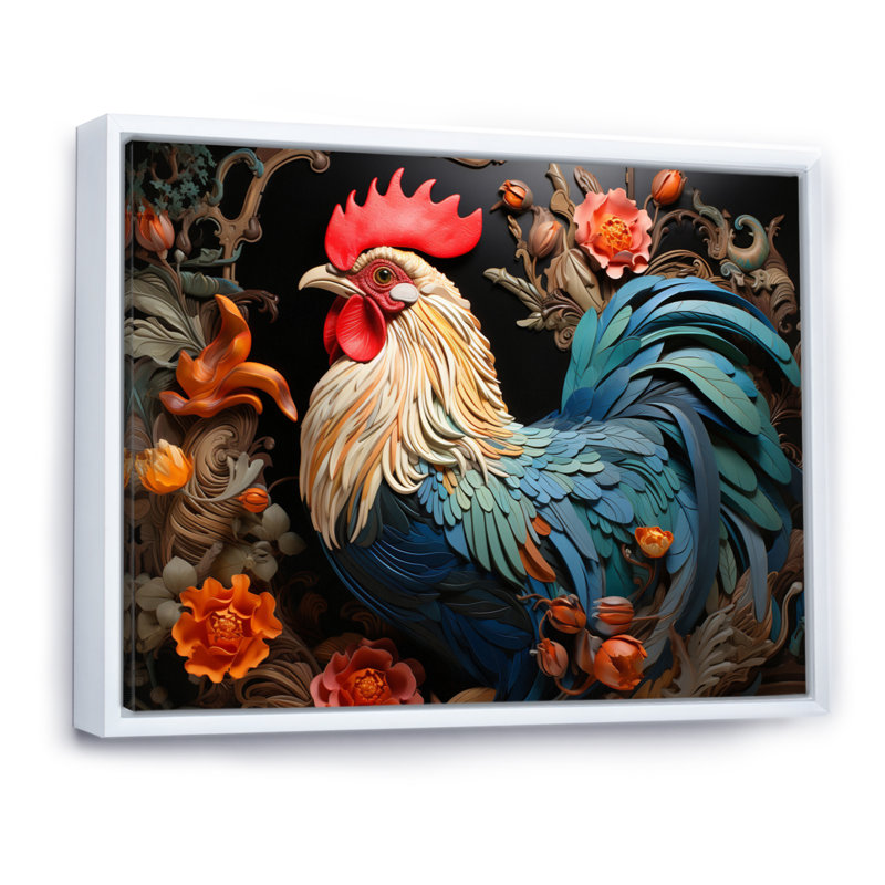 Coq bleu avec fleurs orange, H 16 po x l 32 po, Cadre flottant blanc