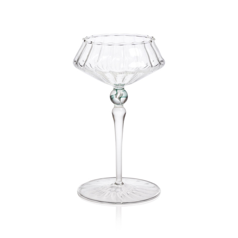 Ondine 4-Piece Set Fluted Coupe Glasses, Clear / Lagoon Green Accent