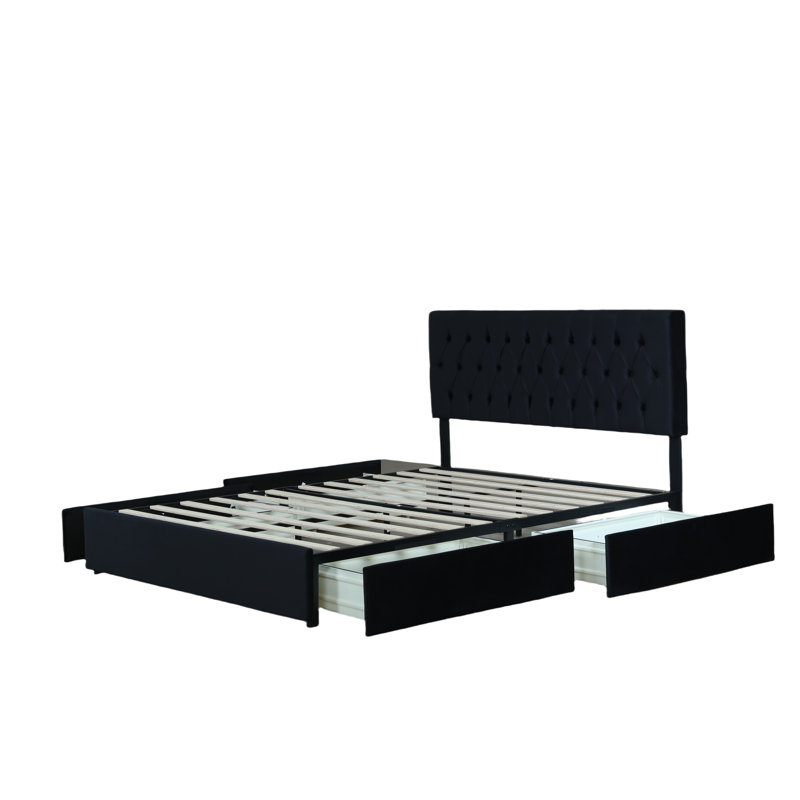 Lit avec rangement tapissier 4 tiroirs, Noir, Grand