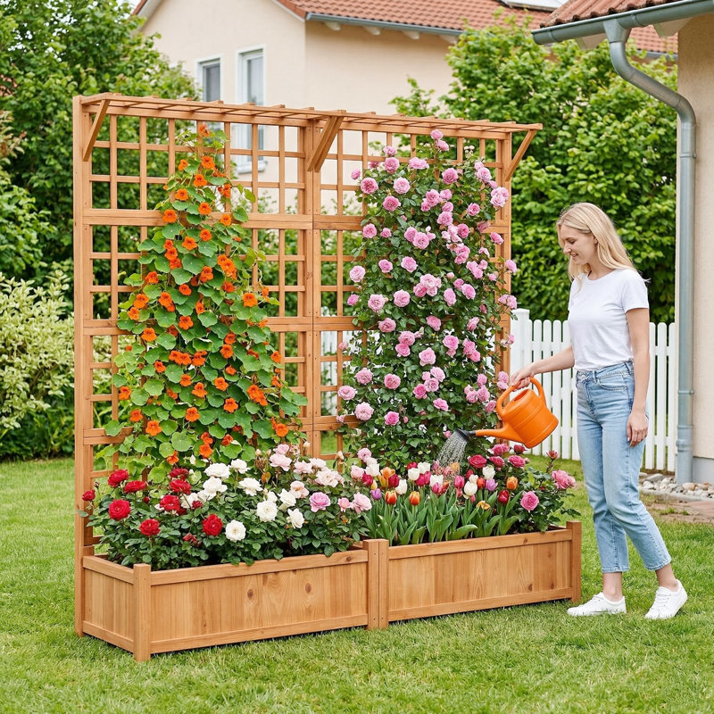 71" Raised Garden Bed with Trellis, Wood Planter Container with Hanging Roof & Garden Boxes, Outdoor Planter Box with Drainage Holes for Climbing Plants Flowers Vine