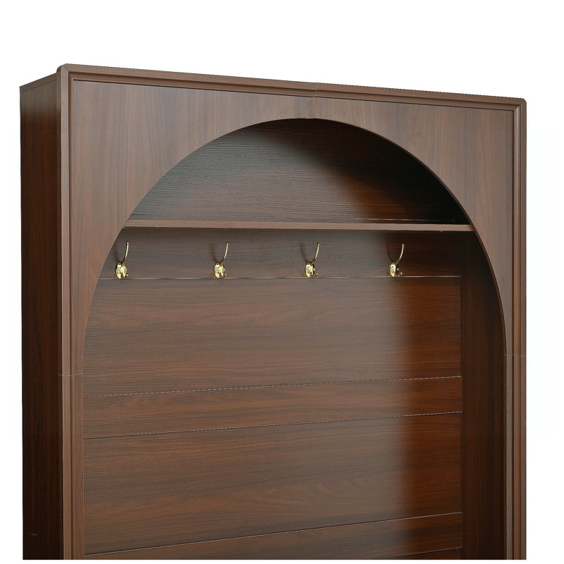 Farmhouse All-In-One Hall Tree With Adjustable Shelves, Retro Arched Entryway Storage Bench With 3 Cabinets, Wooden Coat Rack Organizer With 4 Golden Hooks For Mudroom, Hallway