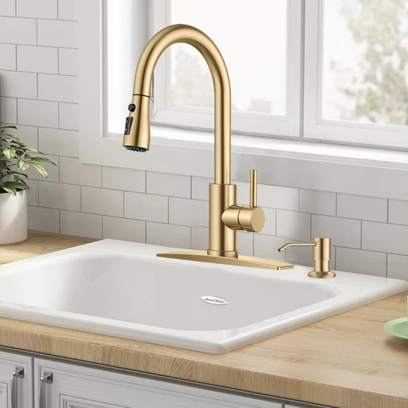 Kitchen Faucet, Pull-Down Sprayer High Arc Single Handle, With Soap Dispenser, Classic 3-Mode Faucet, Suitable For Kitchen Sink Laundry Room.