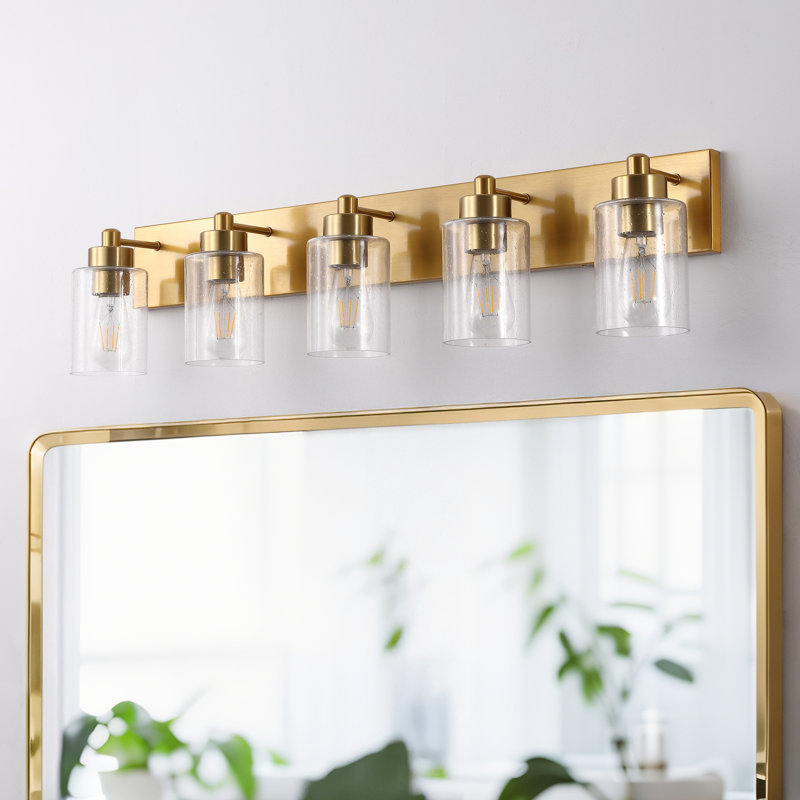 Stover Seeded Glass/Iron Modern Contemporary LED Vanity Light, 5 Lights, Brass Gold