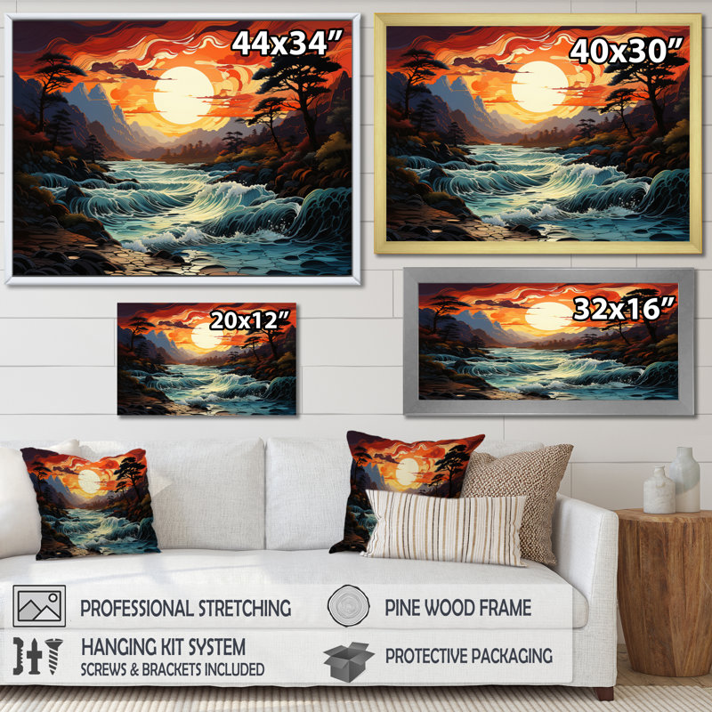 Bijal Coastals Sunset Majestic Mountain River II - impression, H 12 po x l 20 po x P 1 po, Cadre photo argenté