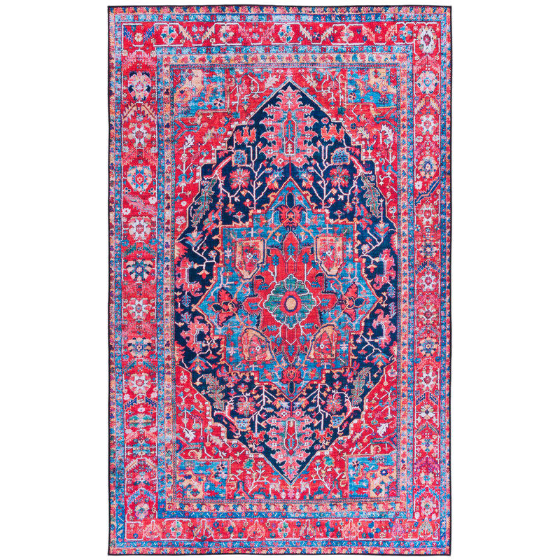 Tucson Vintage Look Machine Washable Non-Slip Area Rug in Red, Pink & Blue, Rectangle 183 x 274 cm