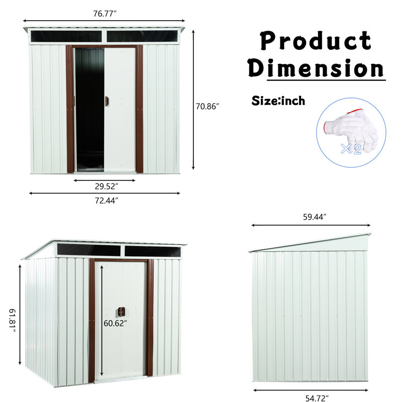 6Ft X 5Ft White Outdoor Metal Storage Shed - Galvanized Iron Frame Sturdiness Steel Panels Transparent Endurance Plate For Better Lighting Sliding Doors With Lock Simple Diy Assembly Construction To