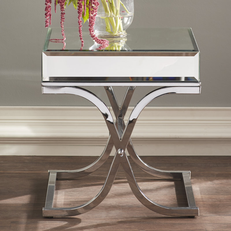 Skakke Mirrored Glass Top End Table, Silver