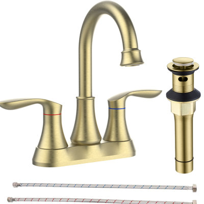 Robinet de salle de bain 10 cm (4 po) en or brossé - 2 poignées, bec pivotant à 360°, bonde escamotable et flexibles inclus, compatible avec les lavabos de 10 cm (4 po), revêtement antirouille, élégant.