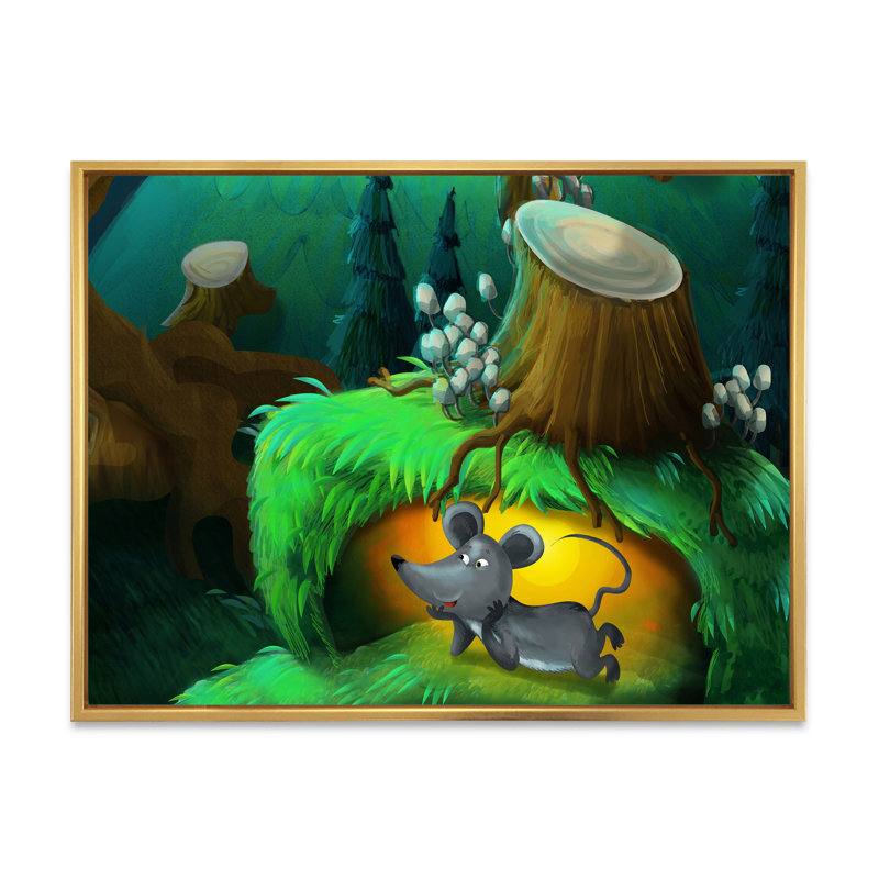 Petite souris sous un arbre pour Fantasy Story - reproduction sur toile, H 24 po x l 32 po, Cadre flottant doré
