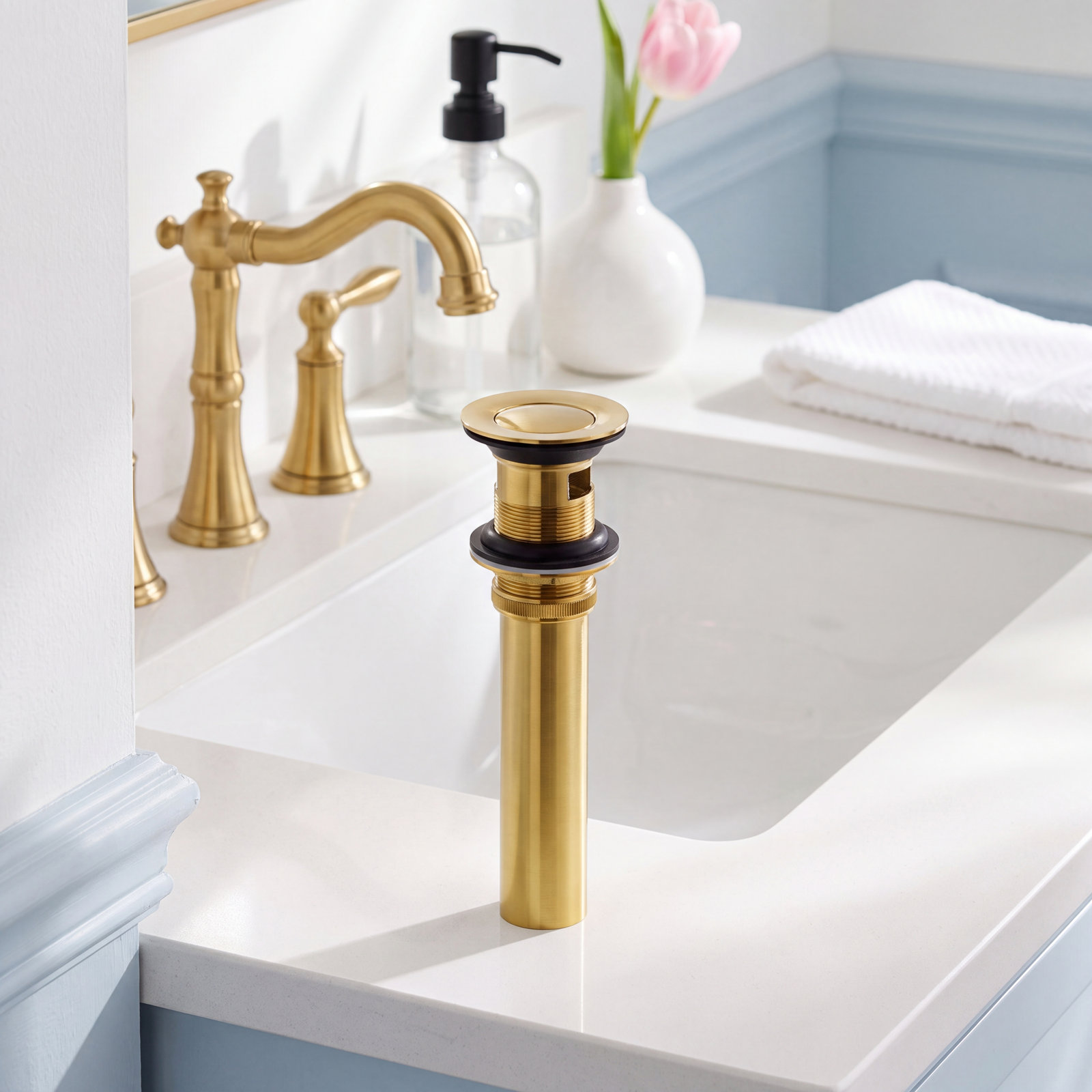 Pop-Up Bathroom Sink Drain with Overflow, Brushed Gold