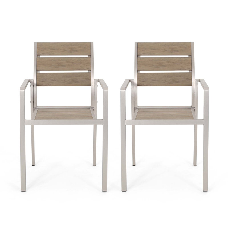 Chaise de salle à manger d'extérieur moderne en aluminium avec siège en faux bois, ensemble de 2