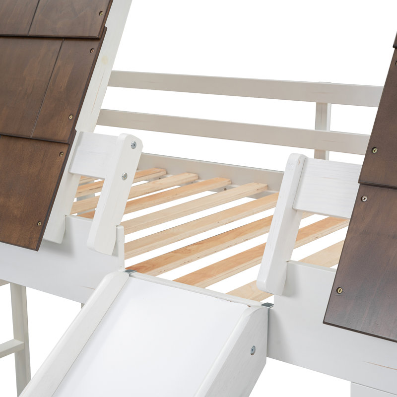 Lit superposé simple en bois avec toit, échelle et glissade, blanc et brun