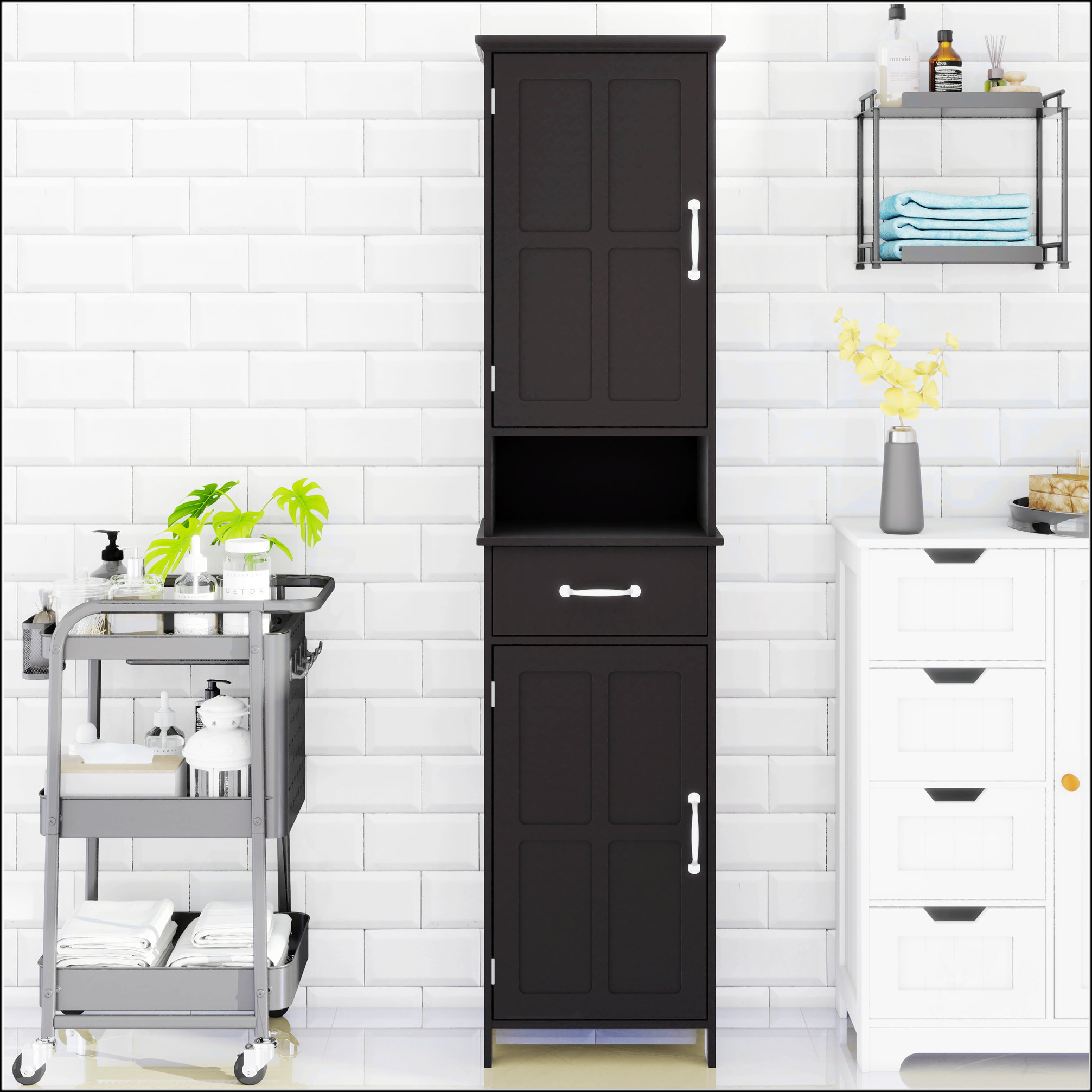 Lark Manor™ Double Door Narrow Height Floor Standing Cabinet With 2 Adjustable Shelves-Black | Wayfair