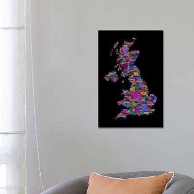 Great Britain UK City Text Map (Black) by Michael Tompsett - 1 Piece Wrapped Canvas Wall Art