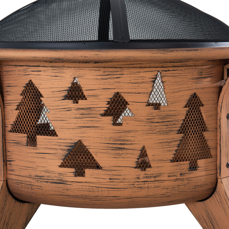 Sunjoy Vittoria 30 inch Outdoor Wood Burning Fire Pit, Patio Tree Motif Round Steel Firepit Large Fire Pits for Outside with Spark Screen and Poker