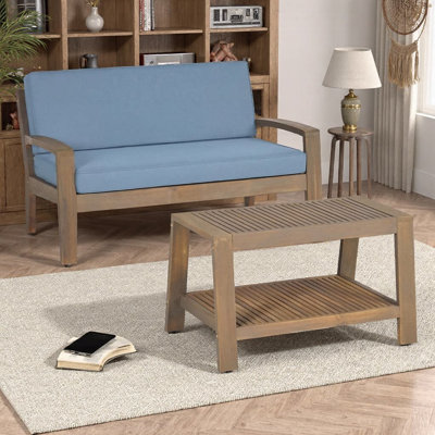 Ensemble de conversation d'extérieur 2 pièces en bois d'acacia gris | Causeuse et table basse avec coussins beiges résistants à l'eau | Mobilier de patio d'une capacité de 350 lb pour terrasse, jardin et jardin