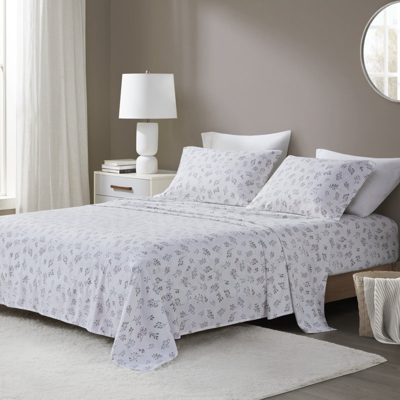 Ensemble de draps 100% coton Cozy, Ensemble de draps pour très grand lit avec 2 taie, Blanc à motif botanique