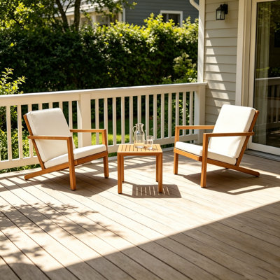 Ensemble de conversation d'extérieur 3 pièces Leah, ensemble de conversation Adirondack moderne en bois d'acacia avec coussins en polyester résistant à l'eau, cadre patiné brun, meubles de patio à lattes, assemblage partiel requis