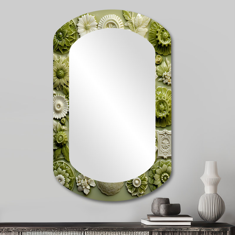 Botanicals Green Floral Tiles I - Abstract Botanicals 3D Shapes Irregular Modern Large Wall Mirror, 31" x 19"
