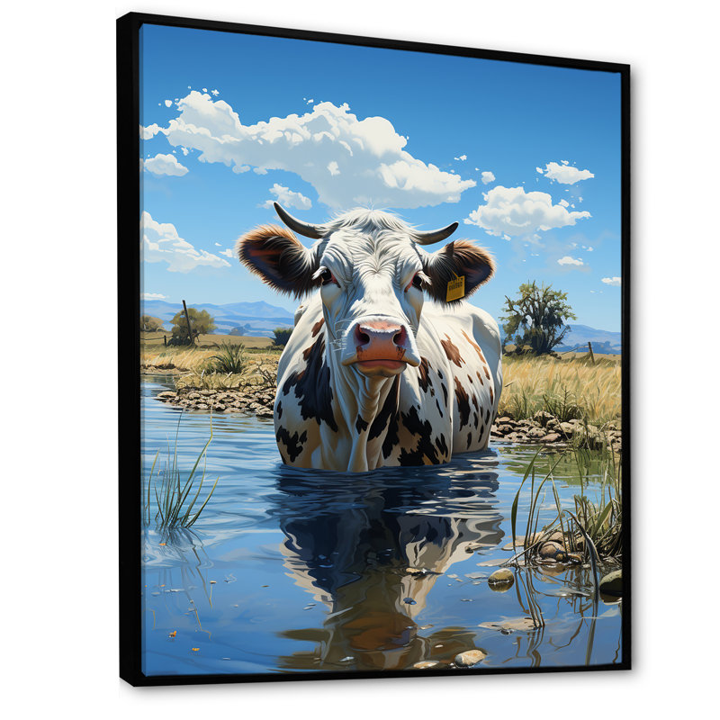 «Cow in Tranquil Pasture», reproduction sur toile, H 32 po x l 16 po x P 1 po, Cadre flottant noir