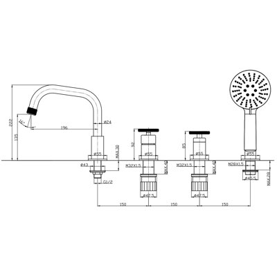 Stickney 2 Handle Deck Roman Bath Tap Bath Filler with Diverter