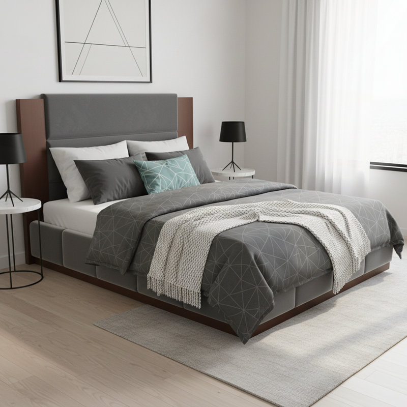 Base de lit tapissier grand format avec tête de lit en bois, Gris, Grand lit