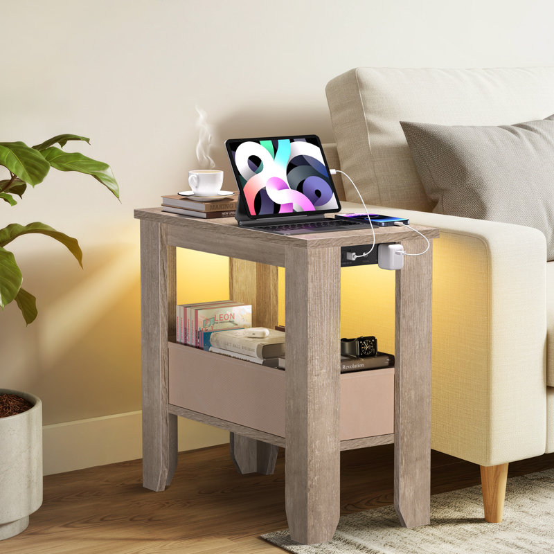 Starleen End Table Built-In LED Lights and Outlets with Fabric Drawer