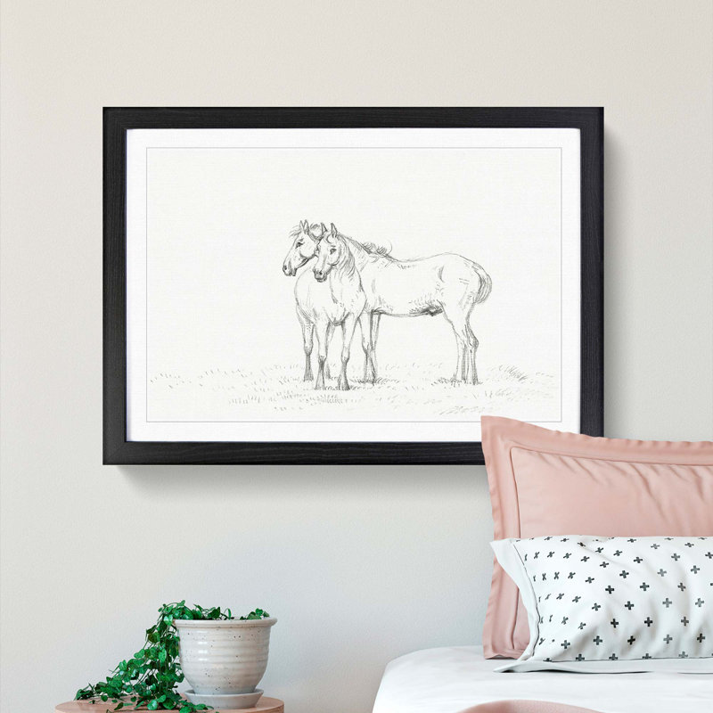 Sketch of Two Horses by Jean Bernard - Picture Frame Drawing Print on MDF, Black Framed, 27cm H x 36cm W x 2cm D