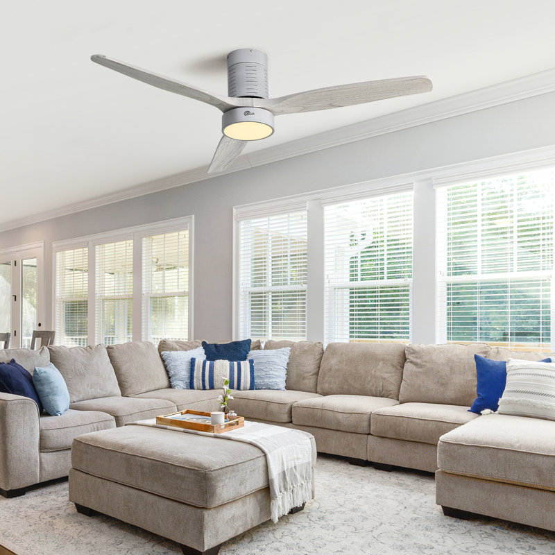 Silver Gray 52'' Solid Wood 3-Blade LED Ceiling Fan with Remote
