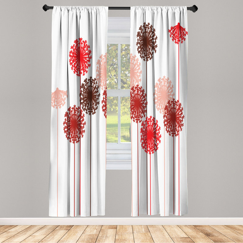 Microfiber Floral Semi-Sheer Rod Pocket Curtain Panels, 28" W x 95" L, White/Red/Brown