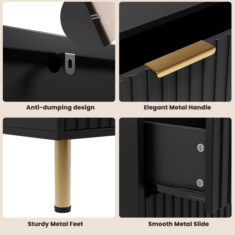 Commode de chambre Ã  coucher de 55 pouces Ã  8 tiroirs cannelÃ©s, tiroirs profonds, Black