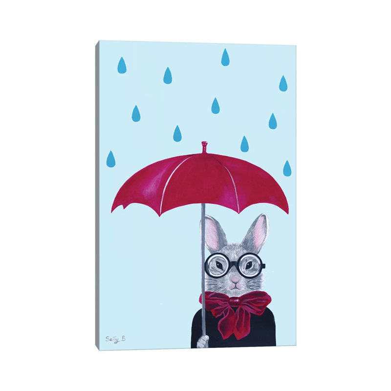 Rabbit With Red Umbrella In The Rain by Sally B - Gallery-Wrapped Canvas Giclée on Canvas, Canvas, 20.32 cm H x 30.48 cm W